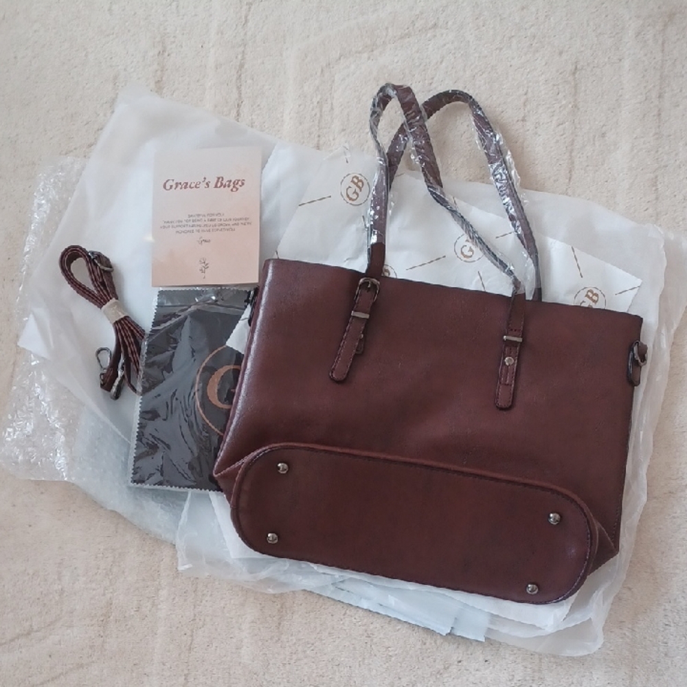 NWT'S - Grace Bags, Brown Faux Leather Tote Bag With Adjustable Strap 14x11x5